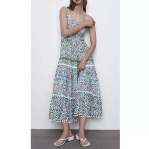 Zara Pom Pom Floral Print Smocked Tiered The Kandy Maxi Dress M Blue Green